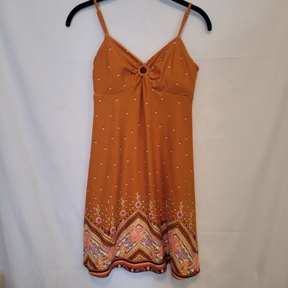 Mudd Juniors Gold Floral Boho Floral Sundress XS Adjustable Straps Stretch Mini - Picture 1 of 8
